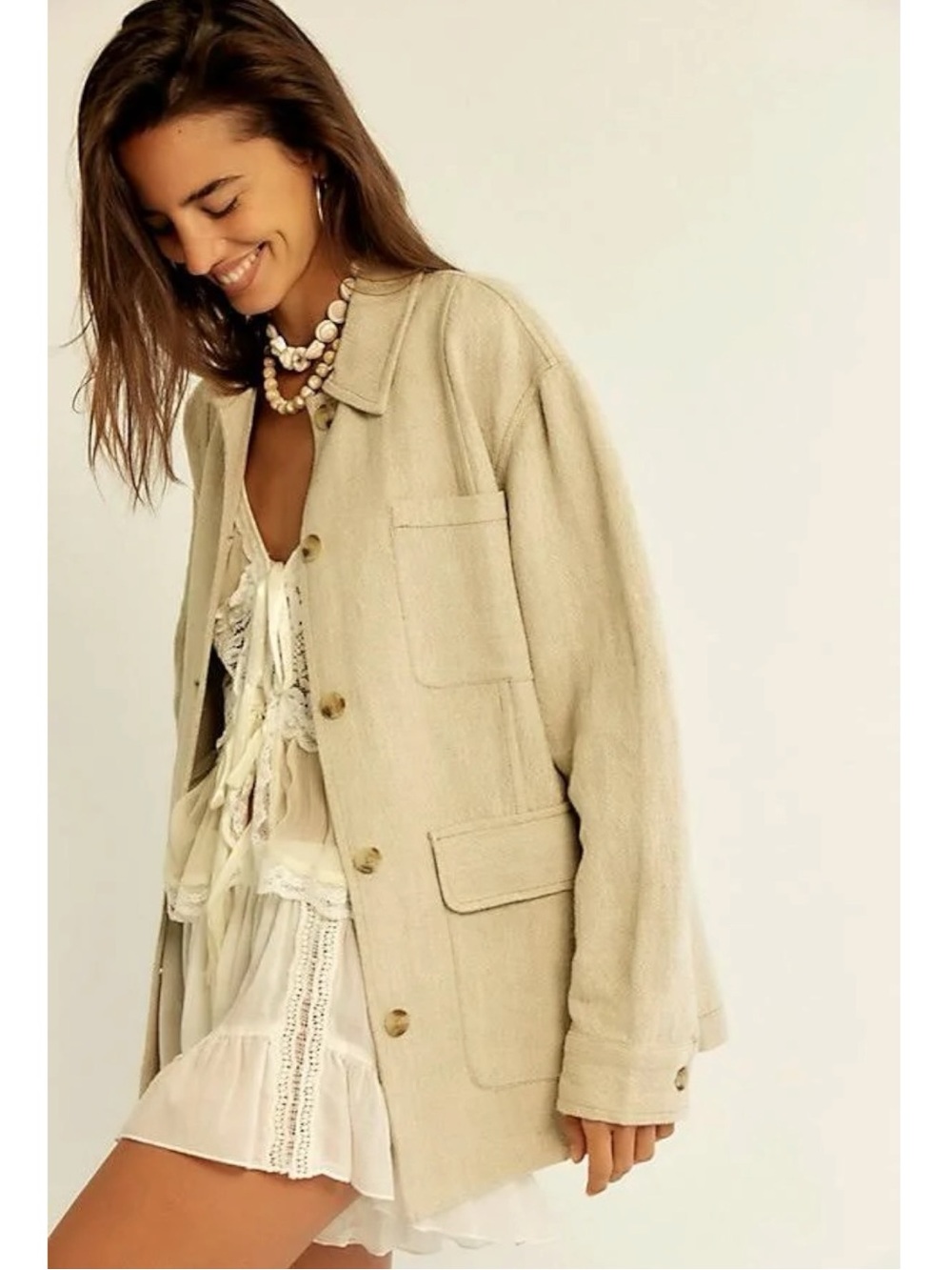 Free People Bohemian LagenLook Lucy Linen Chore Coat Neutral Natural Size XL